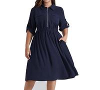 Hanna Nikole Damen Große Größen V-Ausschnitt Revers A Linien Midikleide Verstellbare 3/4 Ärmel Sommerkleider Elastische Taille Lässige Kleide Mit Taschen Dark Blue 50
