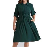 Hanna Nikole Damen Große Größen Verstellbare 3/4 Ärmel Midikleider V-Ausschnitt Revers A Linien Sommerkleider Elastische Taille Casual Kleider Mit Taschen Dark Green 48