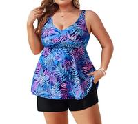 Hanna Nikole GroßE GrößEn Bauchweg Bademode Set Badeshorts mit Taschen Tankini Damen Bauchweg Verstellbare Badebekleidung Blaue/Violette Blätter 50