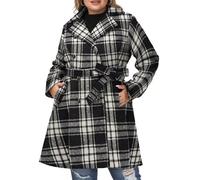 Hanna Nikole Mantel A-Linie Große Größen Zweireihiger Wollmantel mit Taschen Gürtel Langarm Mittellanger Trenchcoat Kariert 54