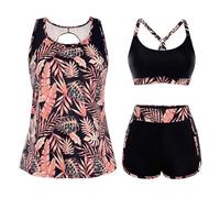 Hanna Nikole Tankini Damen,3 teilig Sport Badeanzug,Bauchweg Bademode，Push Up Bikini Oberteil Und High Waist Badeshorts Mit Taschen,Verstellbare Badebekleidung Schwimmanzug Farbblock Strandmode