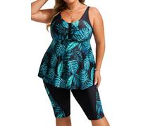 Hanna Nikole Tankini Damen Bauchweg Bademode Zweiteiliger Push up Bikinioberteil Und Hohe Taille Badeshorts Sommer Elegant Zweiteilig Badeanzug mit Badeshorts Grüne Blätter & Schwarz XXL