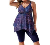 Hanna Nikole Tankini Damen Bauchweg, Große Größen Push Up Zweiteiliger Badeanzug mit Taschen, Stilvolles Unregelmäßiger Saum Bademode Oberteil mit Badeshorts Bunt & Blau 52