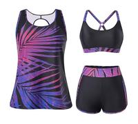 Hanna Nikole Tankini Damen Große Größen,3 teilig Sport Badeanzug,Bauchweg Bademode，Push Up Bikini Oberteil Und High Waist Badeshorts Mit Taschen,Verstellbare Badebekleidung Schwimmanzug Strandmode