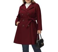 Hanna Nikole Wollmantel Damen Lang Große Größen Zweireihiger Wollmantel mit Taschen Gürtel Langarm Mittellanger Trenchcoat Wein 52