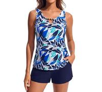 Hanna Nikole Zweiteiliger Badeanzug für Damen Tankini Bauchweg Große Größen Modisch Drucken Tanktop Sportshorts mit Tasche Lila Gradient Blatt Marineblaue Blätter 2XL