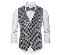 Hanraz Glitzer Weste Herren Silber, Glitzer Weste Herren Pailletten Paillettenweste Glänzende Silvester Sakko V-Ausschnitt Karneval Kostüm Anzug Ärmellos Disco Jacket Für Hochzeit Mottoparty
