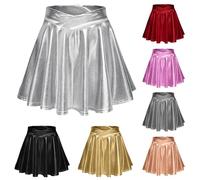 Hanraz Roter Rock Damen, Metallic Rock Damen Disco Sexy Lack Lederrock Faltenrock Hohe Taille Swing Elastische Glitzerrock Minirock Für Karneval Faschingskostüme