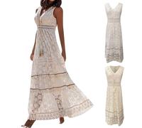 Hanraz Sommerkleid Damen Weiß, Boho Kleid Damen Lang Blumenmuster Maxikleider Wickelkleid Tailliertes Vintage Maxikleid Spitzenkleid Chiffon Sommerkleid Strandkleider