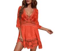 Hanraz Strandkleid Damen Sexy Bikini Badeanzug Cover Up Kleid V-Ausschnitt Spitze Stickerei Sonnenschutz Transparente Häkelung Urlaub Strandponcho Strandtunika Sommerkleid