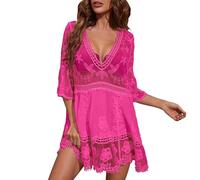 Hanraz Strandkleid Damen Sexy Bikini Badeanzug Cover Up Kleid V-Ausschnitt Spitze Stickerei Sonnenschutz Transparente Häkelung Urlaub Strandponcho Strandtunika Sommerkleid
