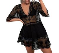 Hanraz Strandkleid Damen Sexy Bikini Badeanzug Cover Up Kleid V-Ausschnitt Spitze Stickerei Sonnenschutz Transparente Häkelung Urlaub Strandponcho Strandtunika Sommerkleid