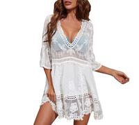 Hanraz Strandkleid Damen Sexy Bikini Badeanzug Cover Up Kleid V-Ausschnitt Spitze Stickerei Sonnenschutz Transparente Häkelung Urlaub Strandponcho Strandtunika Sommerkleid