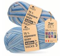 HANSA-FARM |alpacare 75% waschbare Baby Alpaka Socks 224g Set (2 x 112g) Sockenwolle kratzfreie Wolle zum Stricken & Häkeln - SE4 Blue Breeze