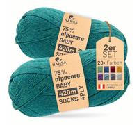 HANSA-FARM |alpacare 75% waschbare Baby Alpaka Socks 224g Set (2 x 112g) Sockenwolle kratzfreie Wolle zum Stricken & Häkeln - HF266 Blau-Gruen Melange