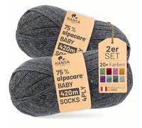 HANSA-FARM |alpacare 75% waschbare Baby Alpaka Socks 224g Set (2 x 112g) Sockenwolle kratzfreie Wolle zum Stricken & Häkeln - NFA12 Dunkelgrau