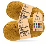 HANSA-FARM |alpacare 75% waschbare Baby Alpaka Socks 224g Set (2 x 112g) Sockenwolle kratzfreie Wolle zum Stricken & Häkeln - HF114 Senfgelb Melange