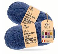 HANSA-FARM |alpacare 75% waschbare Baby Alpaka Socks 224g Set (2 x 112g) Sockenwolle kratzfreie Wolle zum Stricken & Häkeln - HF236 Dunkelblau Melange