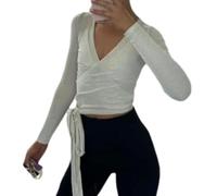 Haodream Wrap Tie Top Weibliche Langarm Ballett Workout Shirt Atmungsaktive Koketten Blusen für Übung Frauen Ärmeln Crop Tops