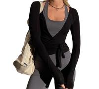 Haodream Wrap Tie Top Weibliche Langarm Ballett Workout Shirt Atmungsaktive Koketten Blusen für Übung Frauen Ärmeln Crop Tops