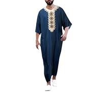 Haohon Kaftan Herren Baumwolle Leinen Sommer Cool Jilbab Muslim Robe Gebetskleidung für Männer Islamische Kleidung Thobe Marokkanische Afghanische Arabische Tunika Abaya Dubai Männer,4XL,H-dark Blau