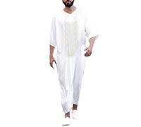 Haohon Kaftan Herren Baumwolle Leinen Sommer Cool Jilbab Muslim Robe Gebetskleidung für Männer Islamische Kleidung Thobe Marokkanische Afghanische Arabische Tunika Abaya Dubai Männer, E-weiß, 4XL