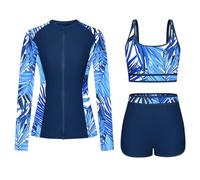 HAOLEI Badeanzug Damen Modische Bauchweg, 3 Teiliger Langarm Badeanzug Mit Reißverschluss, Schwimmshirt Mit Shorts, Schnelltrocknender Neoprenanzug, Surf Zweiteiler Set Swimming Suits Schwimmanzug