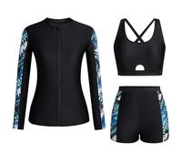 HAOLEI Badeanzug Damen Modische Bauchweg, 3 Teiliger Langarm Badeanzug Mit Reißverschluss, Schwimmshirt Mit Shorts, Schnelltrocknender Neoprenanzug, Surf Zweiteiler Set Swimming Suits Schwimmanzug