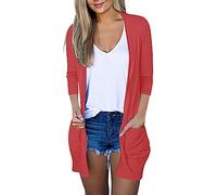 HAOLEI Cardigan Damen Günstig Sale Sommerjacke Leicht Und Luftig Strickjacke Mit 3/4-Ärmeln Und Taschen Strickjacken Bequem Sonnenschutz Strandmantel Casual Mode Strickjacke Elegant Schick