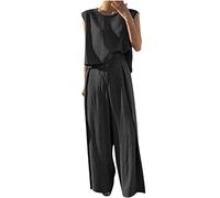 HAOLEI Damen Sommerhose Aus Einfarbiger Baumwolle Und Leinen, Kurzärmeliger Hemdanzug, Lässiger Zweiteiliger Anzug, Sale Angebote Hausanzug Leicht Und Luftig, Lounge Set Lockere Atmungsaktive