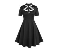 HAOSEM Plus Size Dresses Gothic D-Ring PU Leather Panel Ladder Cutout Mini Dress Summer Short Sleeves Solid Color Vestidos 5XL