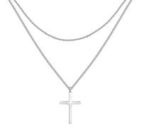Happiness Boutique Damen Kreuz Kette in Silberfarbe | Filigrane Mehrreihige Kette mit Kreuz Anhänger Edelstahlschmuck