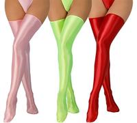 Happy Cherry Glänzende ölige Halterlose Strümpfe für Frauen - Wet Look Oberschenkel Hohe Strümpfe - Rutsch Trim Strumpfhosen - Tanz Party Kostüm - 3 Paare - Rot Rosa Grün