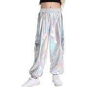 Happy Cherry - Hip Hop Outfit Mädchen Cargo Hosen Metallic Glänzende Hose Baggy Teenager Metallische Tanz Jazz Metallhosen Kinder Jungen Hose Jogger Streetwear Retro Disco - 122-128 - Plata