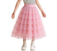 Happy Cherry Kinder Mädchen Tüllrock Langer Layered Mesh Faltenrock Elegant Swing Freizeitrock Elastischer Hoher Bund Maxiröcke Rosa 120