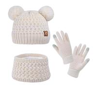 Happy Cherry Kinder Wintermütze Loop Schal Handschuhe Set Thermo Strickmütze Beanie Hut Mädchen Jungen 4-10 Jahre Warme Winter Accessoire Set Beige