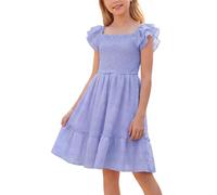 Happy Cherry - Mädchen Kleider Sommer Rüschenärmel für Strand Urlaub Schule Kinderkleid Quadratischer Ausschnitt A Linie Kleidung Puffärmel Prinzessinnen Kleider für Hochzeit Party - 146-152 - Lila