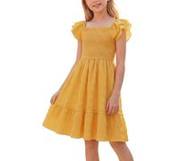 Happy Cherry - Mädchen Kleider Sommer Rüschenärmel für Strand Urlaub Schule Kinderkleid Quadratischer Ausschnitt A Linie Kleidung Puffärmel Prinzessinnen Kleider für Hochzeit Party - 146-152 - Gelb