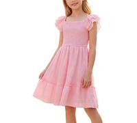 Happy Cherry - Mädchen Kleider Sommer Rüschenärmel für Strand Urlaub Schule Kinderkleid Quadratischer Ausschnitt A Linie Kleidung Puffärmel Prinzessinnen Kleider für Hochzeit Party - 146-152 - Rosa