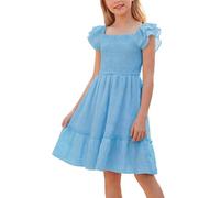 Happy Cherry - Mädchen Kleider Sommer Rüschenärmel für Strand Urlaub Schule Kinderkleid Quadratischer Ausschnitt A Linie Kleidung Puffärmel Prinzessinnen Kleider für Hochzeit Party - 146-152 - Blau