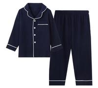 Happy Cherry Mädchen Langarm Baumwolle Nachtwäsche mit Hose Gaze Weiches Pyjama Familie Pjs Set Casual Schlafanzug Loungewear Blau 160