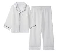 Happy Cherry Mädchen Revers Kragen Schlafanzug mit Tasche 2 Teile Weiches Gaze Loses Pyjama Set Langarm Baumwolle Casual Bequeme Freizeit Anzug Weiß 160