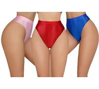 Happy Cherry Nahtlose glänzende Cheeky Strings für Frauen Weiche seidige elastische Slips Hohe Taille Leichte Stretch Basic Höschen 3 Pack Rot Rosa Blau L