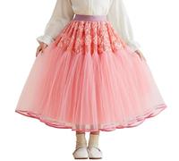 Happy Cherry - Rock Lang Kinder Mädchen für Karneval Zeremonie Maxi Röcke mit Tüll Eleganter Maxirock Langer Tüllrock Elastische Taille für Winter Frühling Sommer Herbst - 134-140 - Rosa