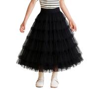 Happy Cherry Tüllrock Mädchen Kinder Langer Mesh Chiffon Rock Mehrlagiger Faltenrock Elastisch Hohe Taille Eine Linie Tutu Maxirock Schwarz 140