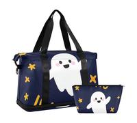 Happy Halloween Cartoon-Reisetasche, niedlich, weiß, einzigartige Reisetasche, Wochenendtasche mit verstellbarem Riemen für Flugzeugreisen, faltbar, Happy Halloween Cartoon, niedlich, weiß,