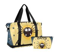 Happy Halloween Reisetasche, groß, schwarz, Cartoon, Wochenendtasche, Kulturbeutel für Geschäftsreisen, 2-teiliges Set, Happy Halloween, Cartoon, Schwarz, Fröhliches Halloween, Karikatur, Schwarz, 1