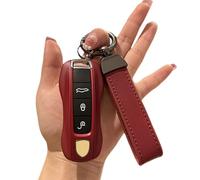 Happyit Rote Leder-Luxus-Autoschlüsselhüllen für Porsche Cayenne Panamera 911 992 Taycan 3 Tasten (Seil)