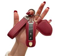 Happyit Rote Leder-Luxus-Autoschlüsselhüllen für Porsche Cayenne Panamera 911 992 Taycan 3 Tasten (Seil + Schutzschnalle)