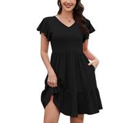 HAPYWER Sommerkleider Damen Leicht und Luftig V-Ausschnitt Midi Kleid mit Rüschen Ärmel Kurzarm Blumen Kleid mit Tasche